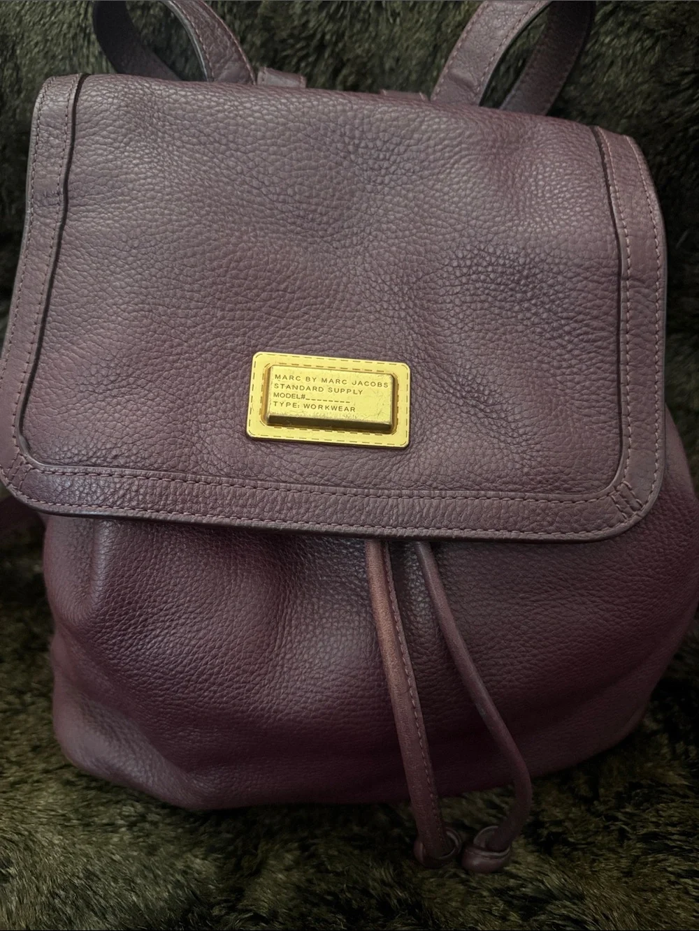 Marc by Marc Jacobs Plum Leather Drawstring Backpack with Gold Plaque